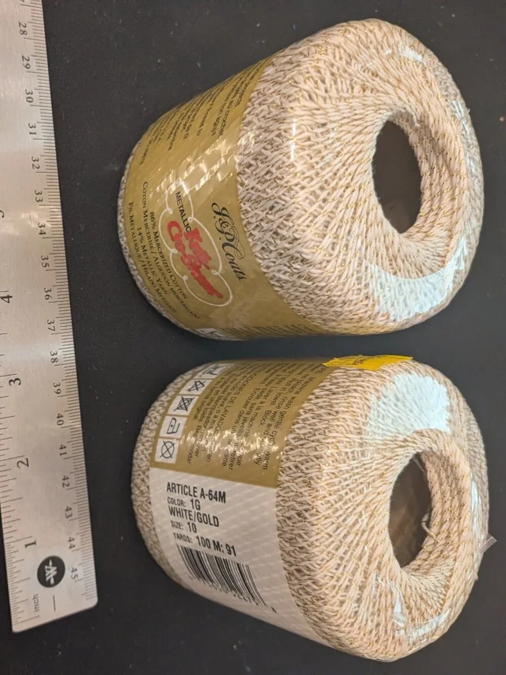 Vintage JP Coats Metallic Crochet Thread White Gold Size 10 Lot of 2